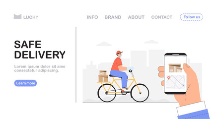 Bike delivery and courier service concept, delivery man rides a bicycle with delivery box, hand holding a phone with tracking courier's location. Flat style vector illustration for web banner.