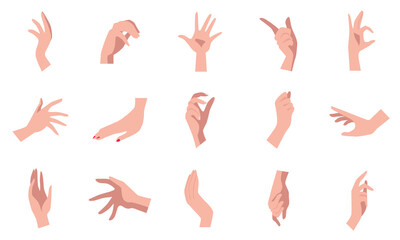 Vector collection of 15 different natural hand poses on white background made in cartoon flat style. Isolated illustration. Best for character design and animation. 