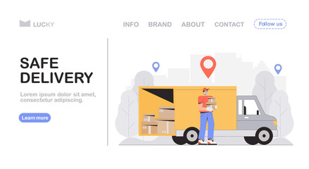 Safe delivery and courier service concept, delivery man in protective mask, holding ordered box and stands the delivery car. Flat style vector illustration for web banner, landing page.