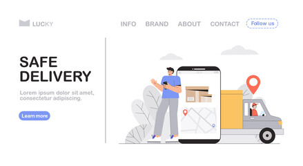 Safe delivery and courier service concept, young man makes order in online store, big screen phone with tracking courier's location. Flat style vector illustration for web banner, landing page.
