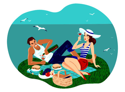 Beautiful vector flat illustration of loving couple enjoying summer vacation and outdoor lunch on the seaside. Food and wine. Good weather.