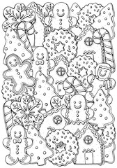 Christmas gingerbread cookies. Coloring book page for adults and children. Black and white.