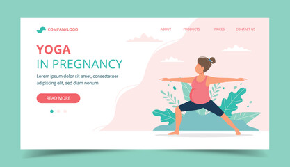 Pregnant woman doing prenatal yoga. Landing page design template. Cute illustration in flat style