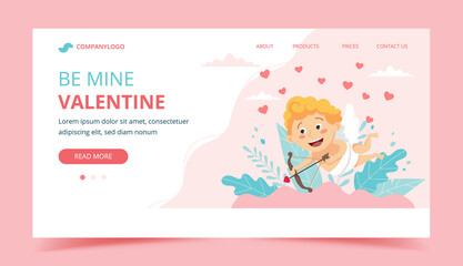 Valentine s day with cupid. Landing page design template, illustration in flat style