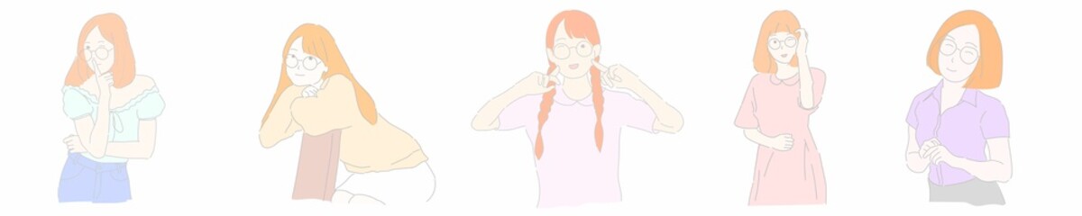 A collection of cute and cheerful girls wearing glasses In various postures vector.