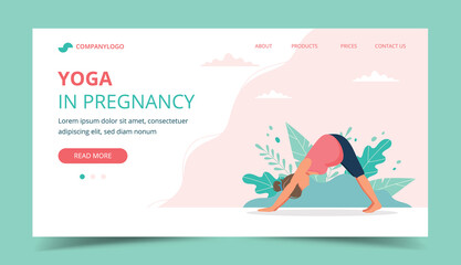 Pregnant woman doing prenatal yoga. Landing page design template. Cute illustration in flat style