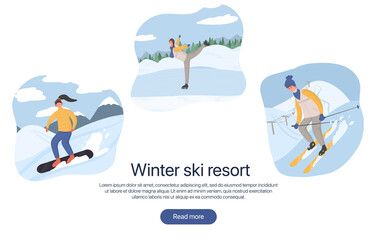 Ski resort landing page concept. Group of people doing winter activities vector flat cartoon illustration.