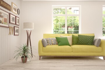 White stylish minimalist room with sofa and summer landscape in window. Scandinavian interior design. 3D illustration