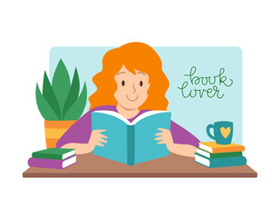 Book lover, cute smiling long hair girl sitting on table with open book. Hand drawn flat vector illustration. Literature fan, home education, reading books. Stay home concept.