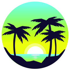 vector sunny beach landscape with palms and sea. silhouette palm trees on beach . colorful mountain landscape, yellow and blue gradient