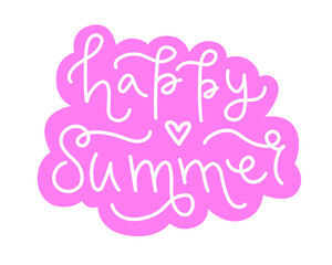 Happy summer handwritten lettering sticker. Vector phrase isolated on pink background. Modern typography design for logo, card, poster, web banner.