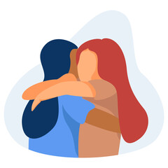 Happy meeting of two friends hugging. Joy of meeting old friends. Two happy young girls hug each other. Females embracing, laughing and excited. Woman friendship.