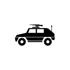 Military Vehicle Suv with Mounted Machine Gun. Flat Vector Icon illustration. Simple black symbol on white background. Military Vehicle Suv with Gun sign design template for web and mobile UI element.