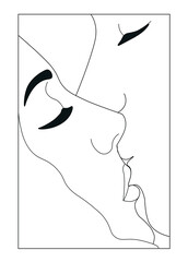 Vector line art illustration of woman and man kissing. Simple minimalistic drawing in black and white colors