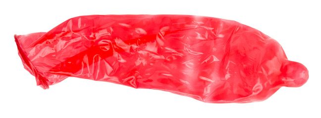 Red condom isolated on a white background.