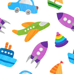 Children's vector seamless background for photozone, wallpaper or posters and cards. Toy plane, ship, rocket, car. 
