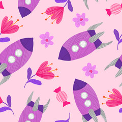 Children's vector seamless background for photozone, wallpaper or posters and cards. Cartoon rockets and floral elmenets.