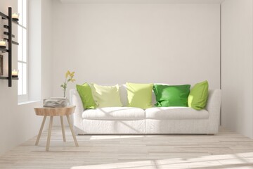 White stylish minimalist room with sofa. Scandinavian interior design. 3D illustration