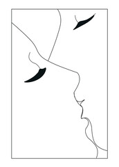 Vector line art illustration of woman and man kissing. Simple minimalistic drawing in black and white colors