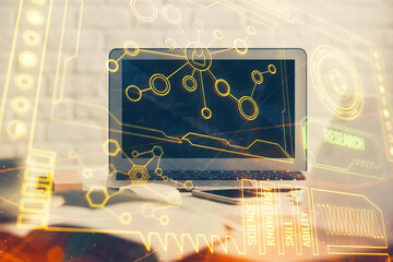 Multi exposure of desktop computer and technology theme hologram. Concept of software development.