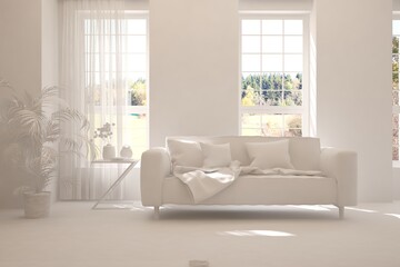White stylish minimalist room with sofa and autumn landscape in window. Scandinavian interior design. 3D illustration