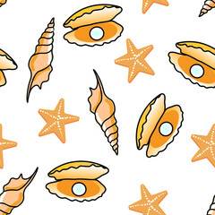 Vecro sea shells seamless pattern with conch, starfish, pearl shell isolated on white background