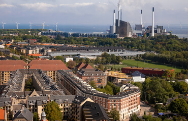Aerial view of Copenhagen with Amager Bakke Power plant in the background, Denmark, Scandinavia