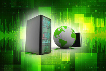 3d illustration of Internet and global communications concept: row of network servers and blue Earth globe isolated on technology background