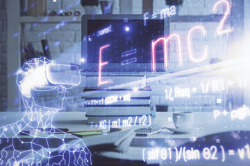 Desktop computer background and formula hologram writing. Double exposure. Education concept.