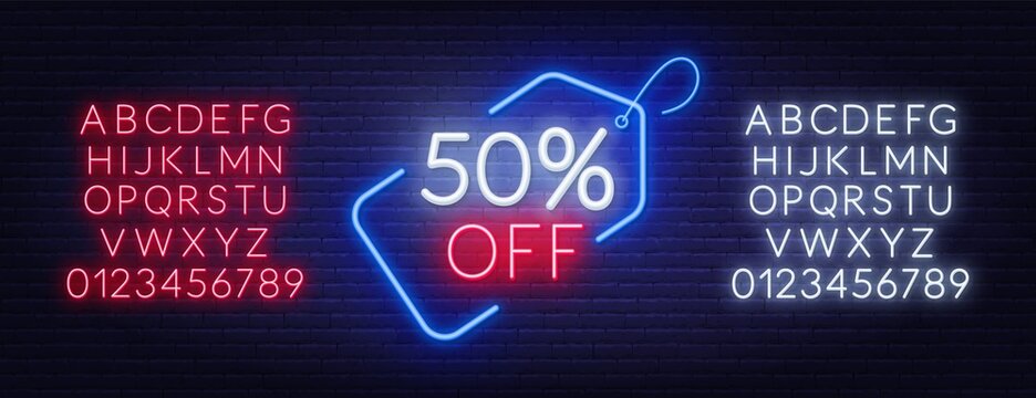 50 Percent Off Neon Sign. Neon Alphabet On Brick Wall Background.