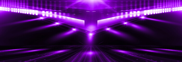 Abstract dark background, neon rays and lines of ultraviolet light. Laser show, empty neon scene. Neon, spotlights, vertical reality. Night view, symmetrical reflection and perspective.