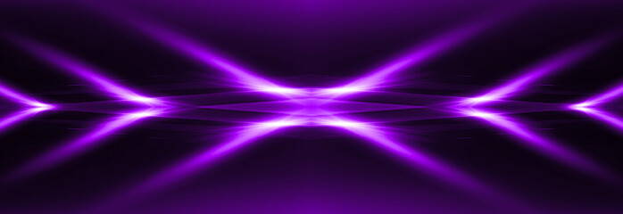 Abstract dark background, neon rays and lines of ultraviolet light. Laser show, empty neon scene. Neon, spotlights, vertical reality. Night view, symmetrical reflection and perspective.