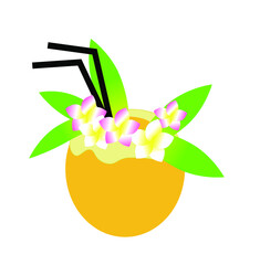 Vector coconut cocktail with drinking straw, hawaiian flowers and green leaves, fun cartoon style. Tropical summer cocktail 