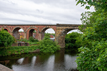 Fototapeta na wymiar The historic market town of Yarm, north Yorkshire showing the brick railway viaduct