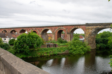 The historic market town of Yarm, north Yorkshire showing the brick railway viaduct