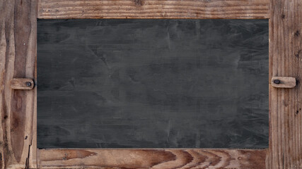 Blackboard template background - Empty blank old anthracite chalkboard texture with rustic wooden...