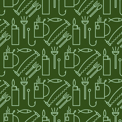 Camping linear vector seamless pattern with hiking and landscape travel elements.