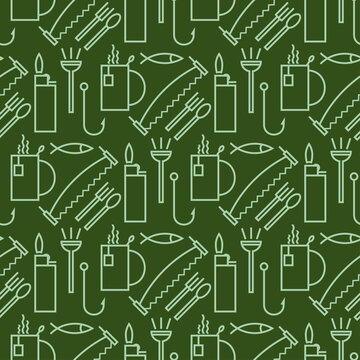 Camping linear vector seamless pattern with hiking and landscape travel elements.