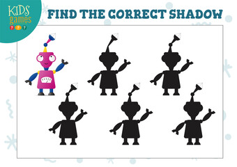 Find the correct shadow for cute cartoon robot educational preschool kids mini game