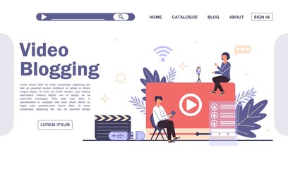 Live streaming, broadcast concept. Video podcast blogging landing page.