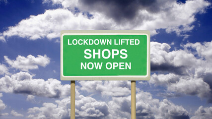Shops and Covid-19. Coronavirus Lockdown Lifted Shops Open sign with white clouds and blue sky. Back to work. Corona.