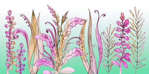 Colorful hand drawn background with abstract stylized herbs. Watercolor