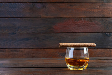 Happy Fathers day. Vintage concept with view of whiskey and cigar