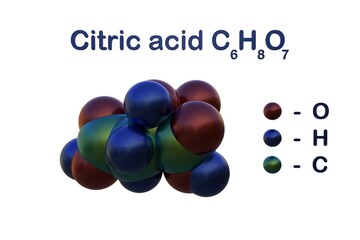 Structural chemical formula and space-filling molecular model of citric acid, food additive E330, acidity regulator and antioxidant. Scientific background. 3d illustration