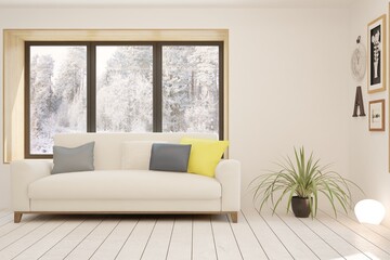 White stylish minimalist room with sofa and winter landscape in window. Scandinavian interior design. 3D illustration