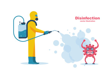 Disinfection coronavirus covid-19. Worker in chemical hazmat suit protection and equipment.