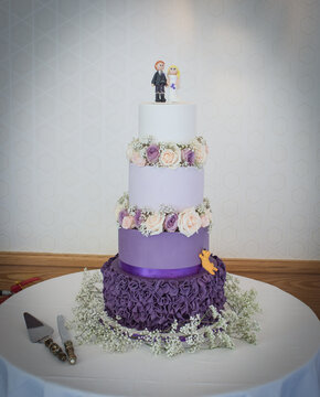 Purple And White Three Tier Wedding Cake