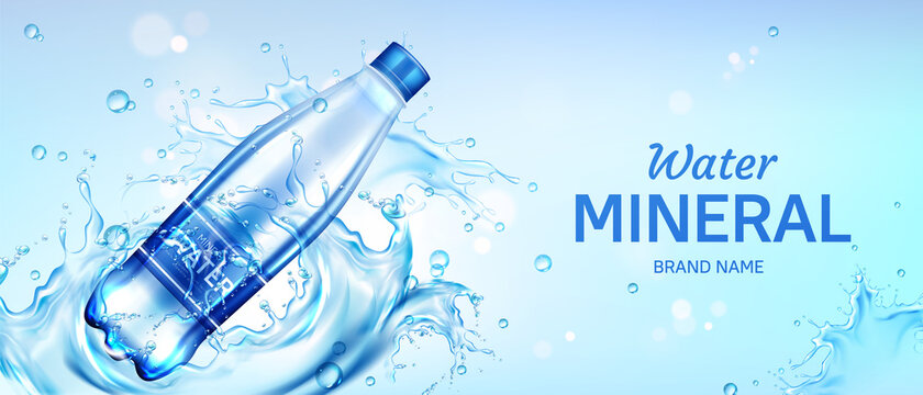 Mineral water bottle ad banner, plastic flask with pure drink and blank label floating on blue splashing aqua background, advertisement campaign, beverage promo, Realistic 3d vector illustration