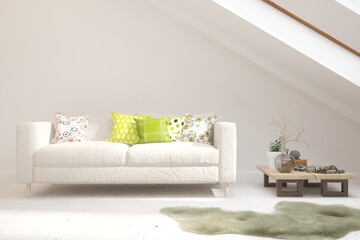 White stylish minimalist room with sofa. Scandinavian interior design. 3D illustration