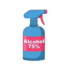 Bottle of antibacterial alcohol 75. Sanitary product for personal hygiene, hand washing. Hygienic gel in public place. Prevention coronavirus covid-19. Alcohol liquid flat icon. Vector illustration.